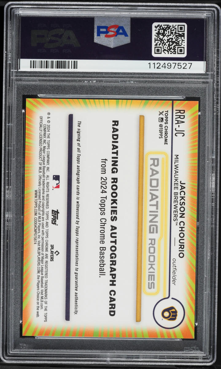 2024 Topps Chrome Radiating Jackson Chourio ROOKIE AUTO /23 #RRAJC PSA 9 MINT