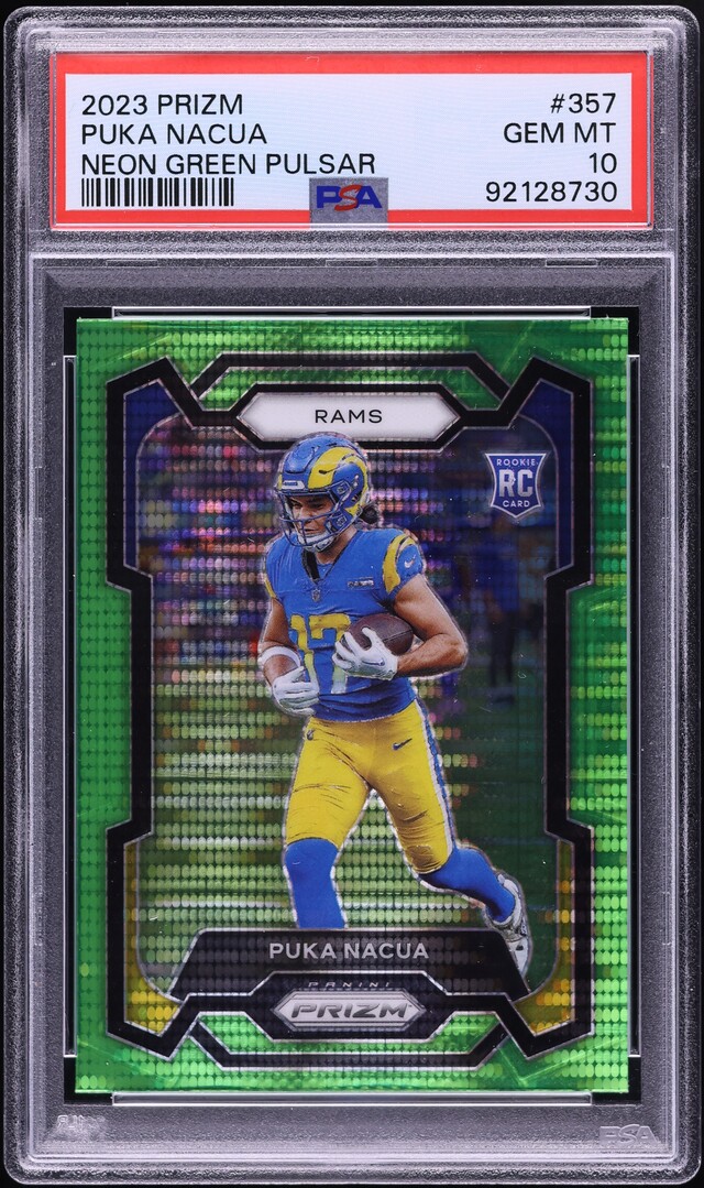 2023 Panini Prizm Neon Green Pulsar Puka Nacua ROOKIE #357 PSA 10