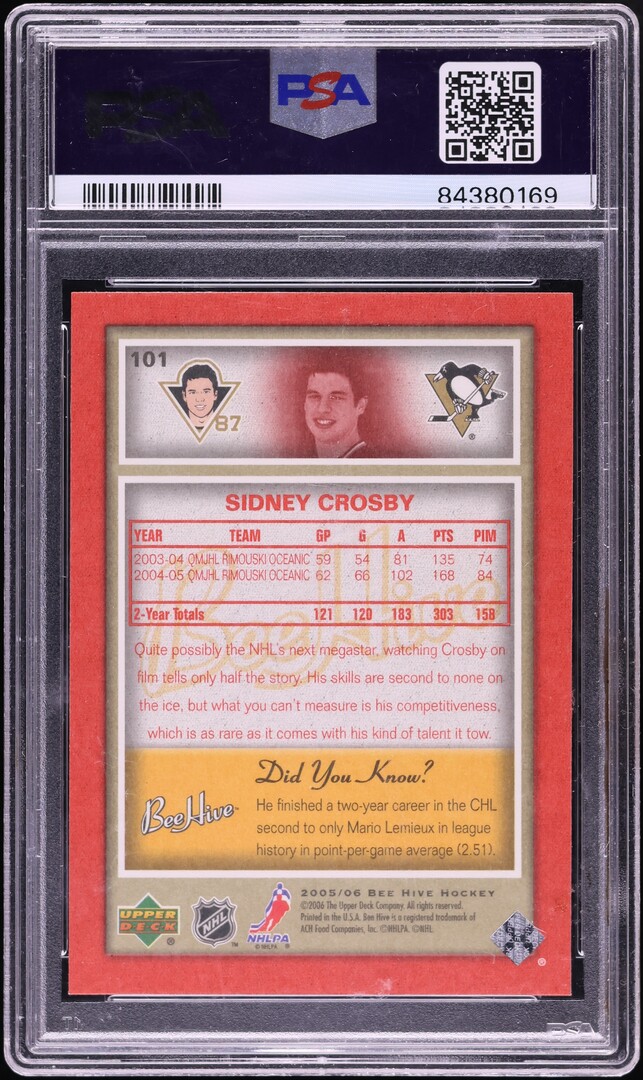 2005 Upper Deck Bee Hive Red Sidney Crosby ROOKIE #101 PSA 10 GEM MINT