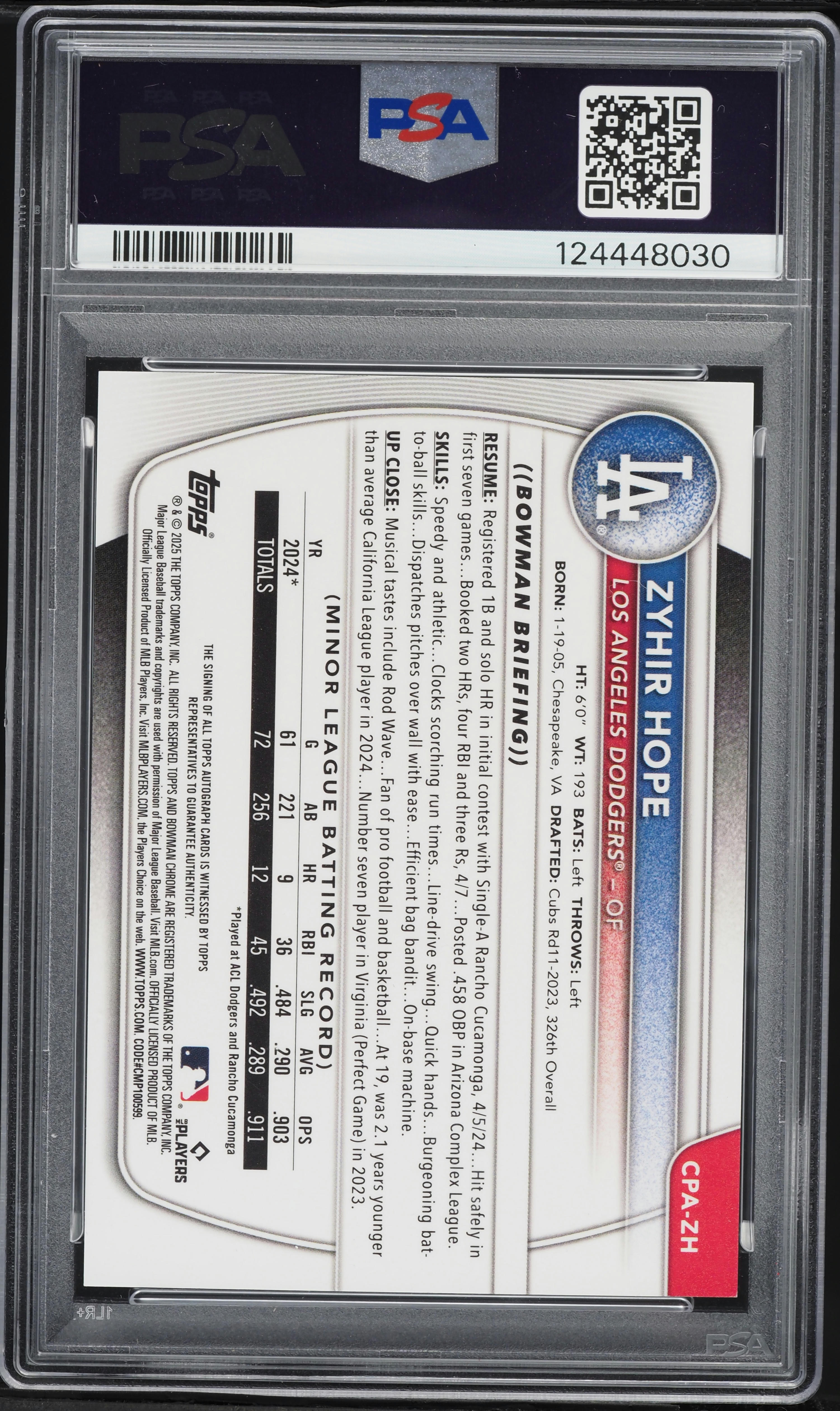 2025 Bowman Chrome Red Xfractor Zyhir Hope PROSPECT AUTO DNA 10 /5