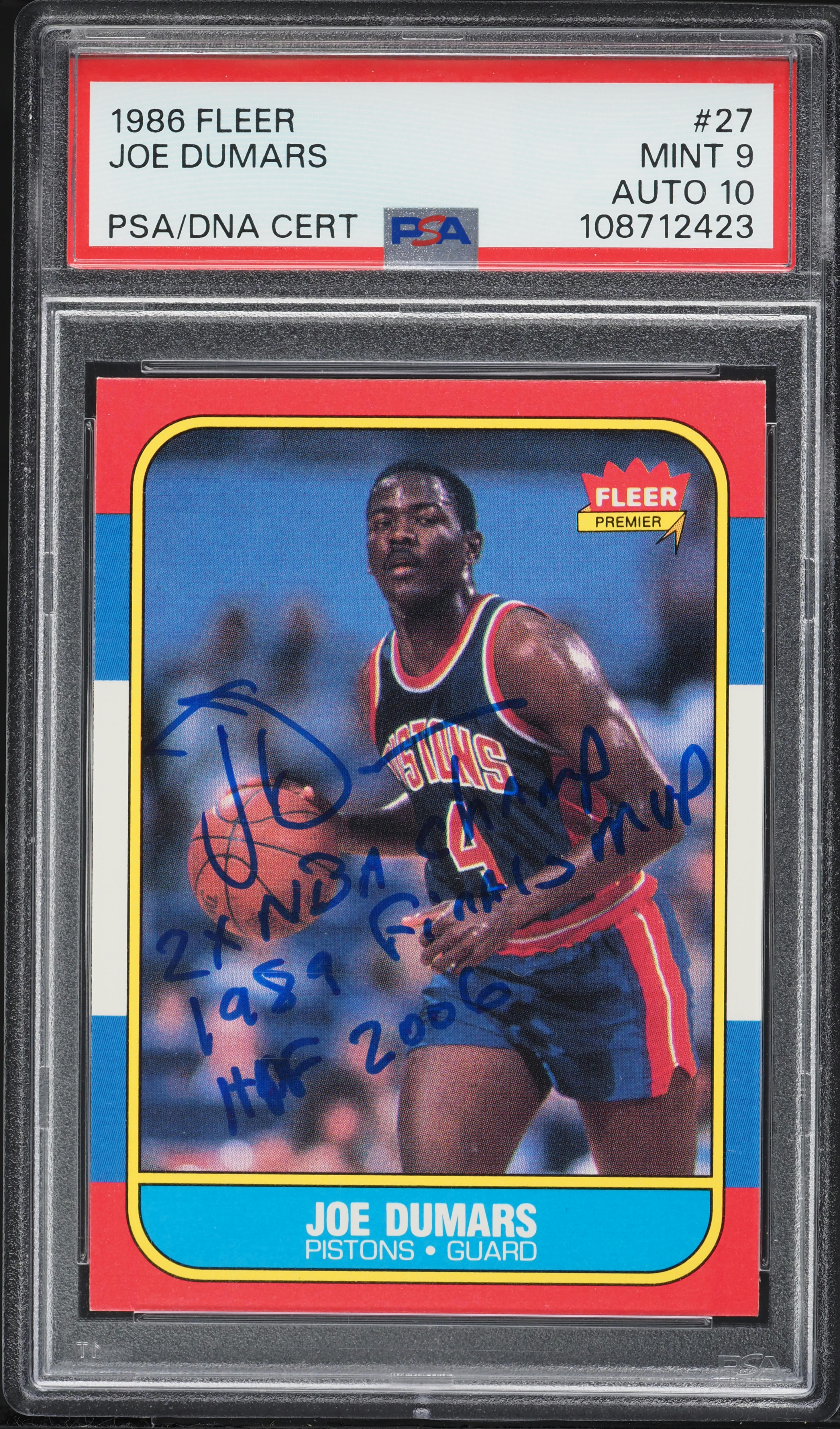 1986 Fleer Basketball Joe Dumars ROOKIE AUTO DNA 10 #27 PSA 9 MINT