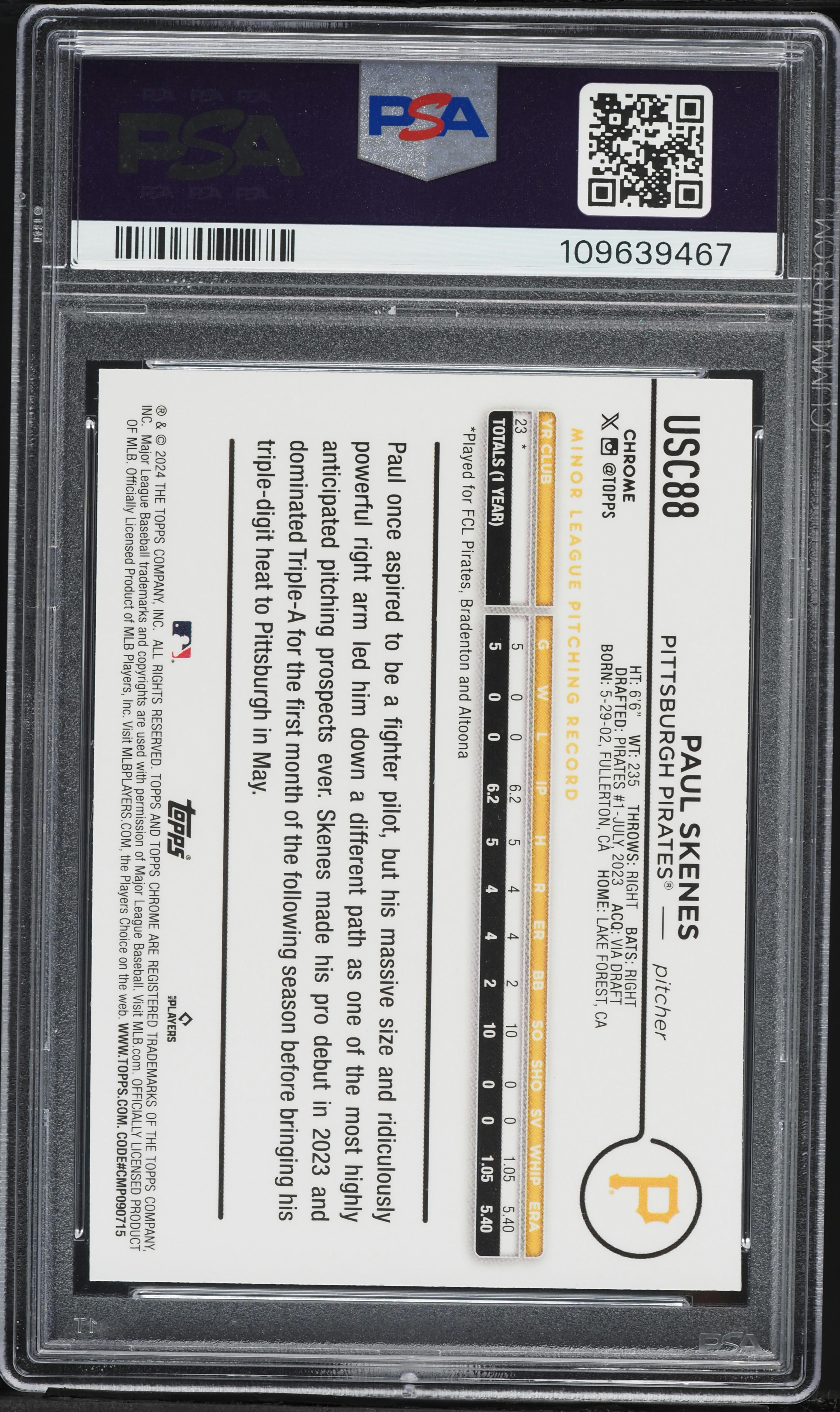 2024 Topps Chrome Update Xfractor Paul Skenes ROOKIE #USC88 PSA 10 