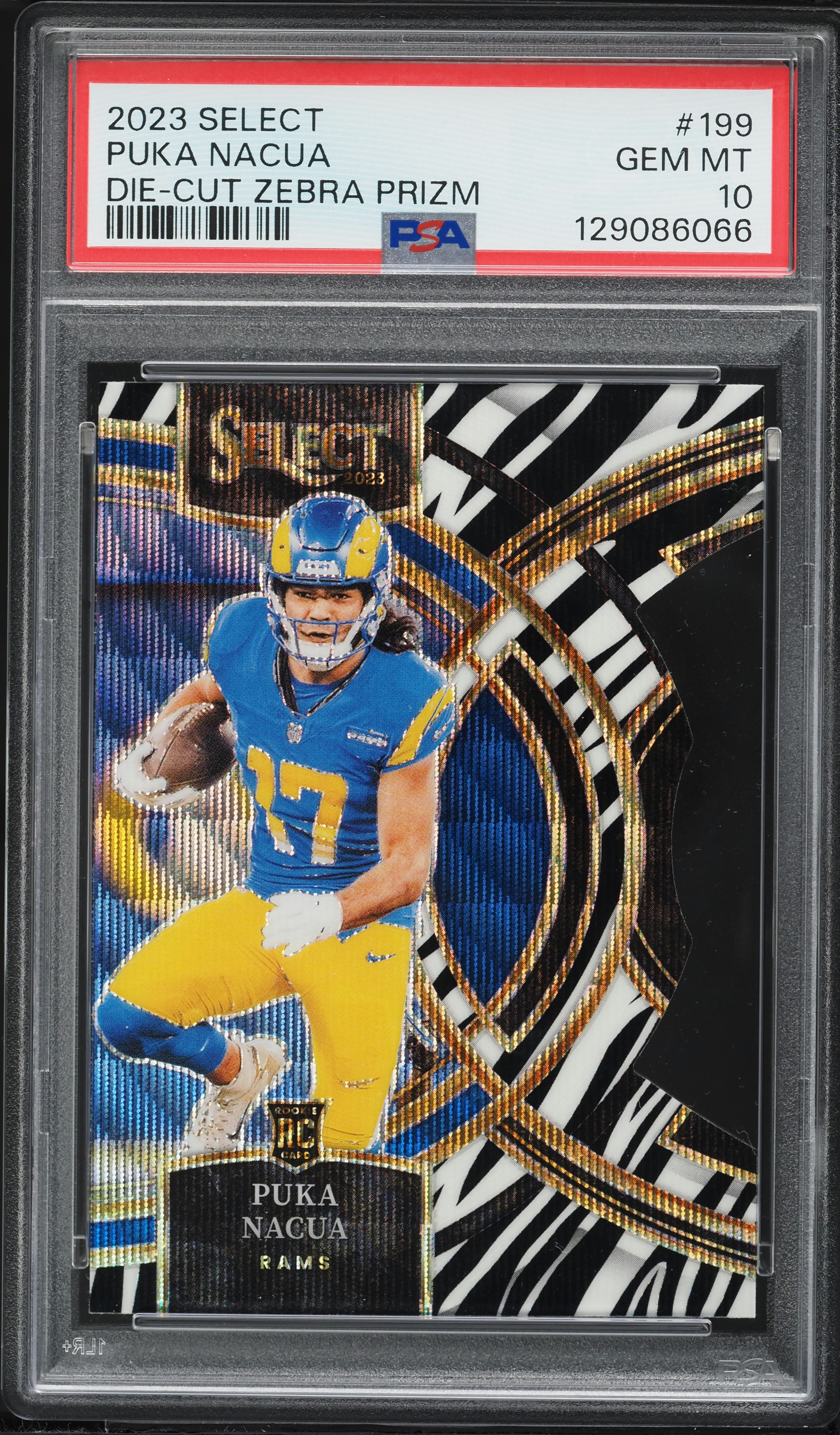 2023 Select Premier Zebra Prizm Die-Cut Puka Nacua ROOKIE #199 PSA
