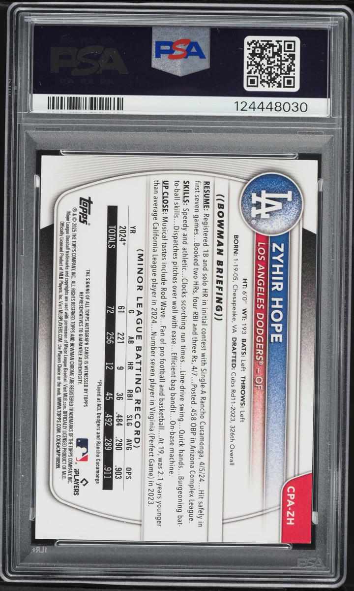 2025 Bowman Chrome Red Xfractor Zyhir Hope PROSPECT AUTO DNA 10 /5 #CPA-ZH PSA 10 GEM MINT
