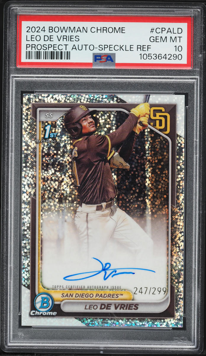 2024 Bowman Chrome Speckle Refractor Leo De Vries PROSPECT AUTO /299 #CPALD PSA 10 GEM MINT