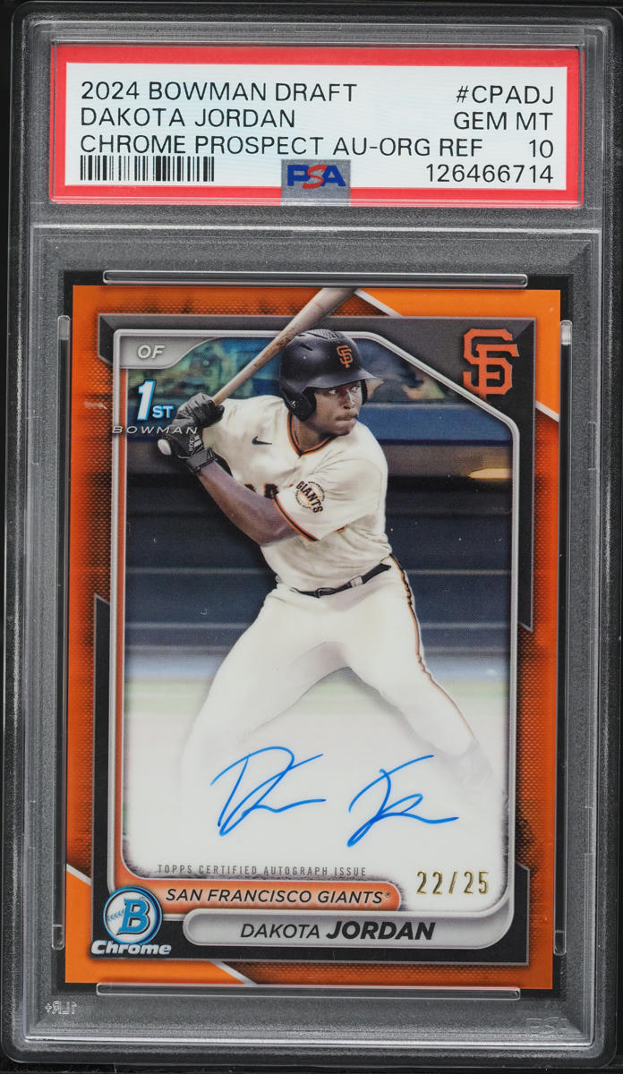 2024 Bowman Chrome Draft Orange Refractor Dakota Jordan PRSOPECT AUTO /25 #CPA-DJ PSA 10 GEM