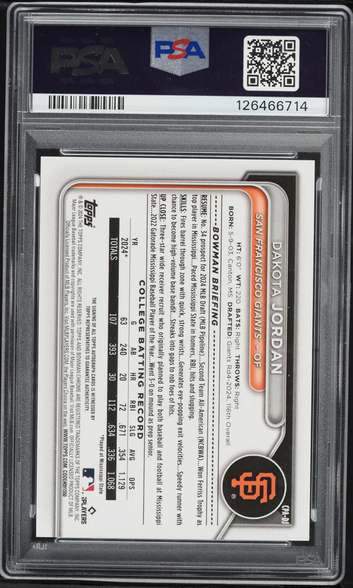 2024 Bowman Chrome Draft Orange Refractor Dakota Jordan PRSOPECT AUTO /25 #CPA-DJ PSA 10 GEM