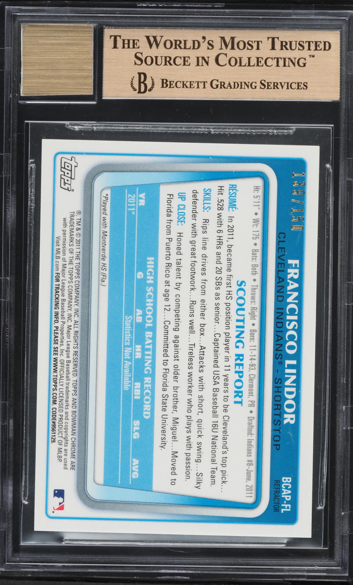2011 Bowman Chrome Blue Refractor Francisco Lindor PROSPECT AUTO /150 BGS 10 PRISTINE