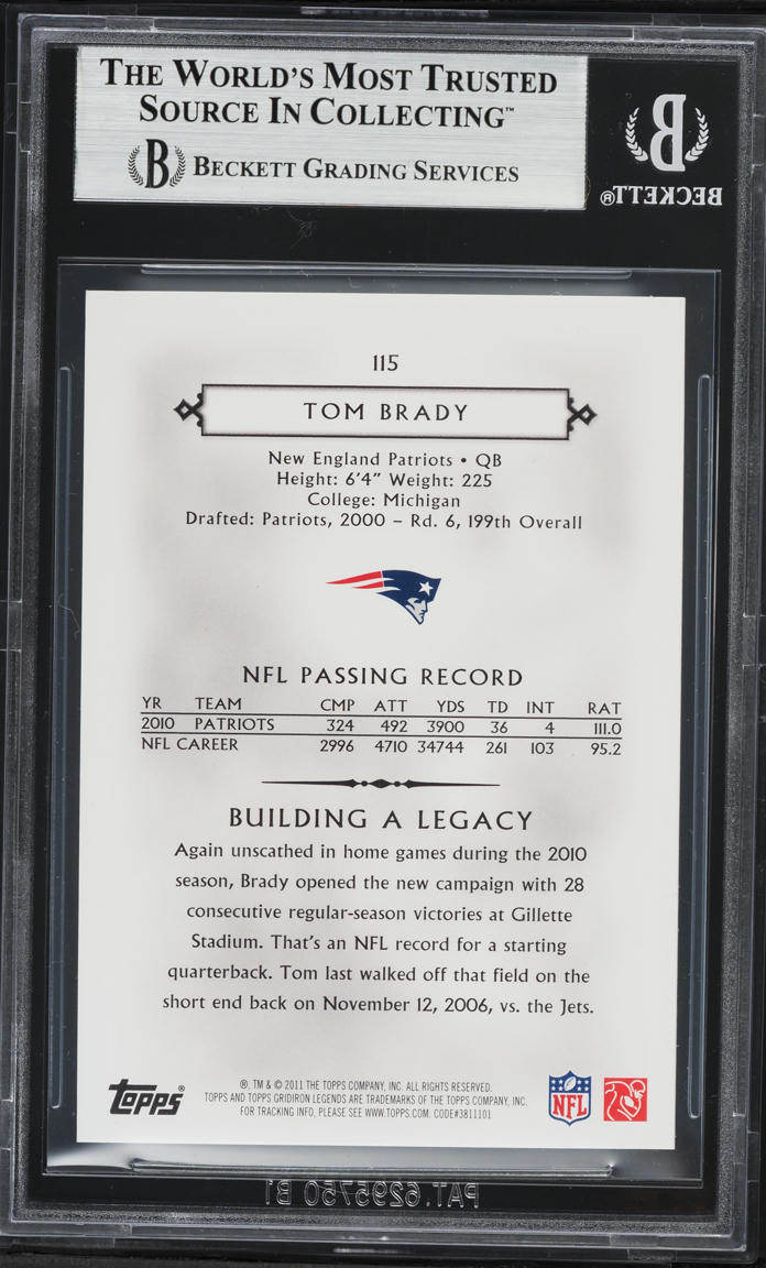 2011 Topps Legends Purple Tom Brady /10 #115 BGS 9 MINT