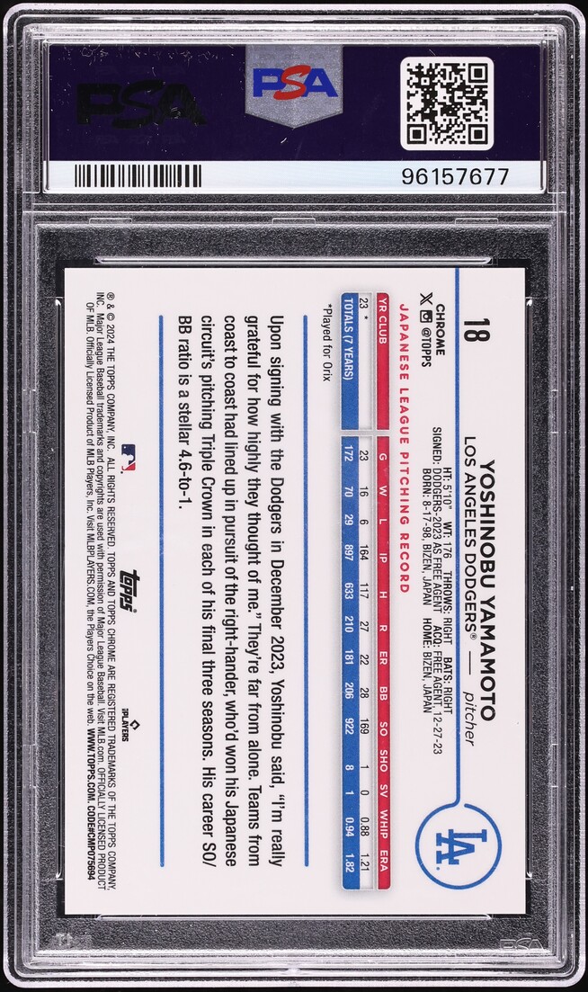 2024 Topps Chrome Superfractor Yoshinobu Yamamoto ROOKIE 1/1 #18 PSA 10 GEM MINT
