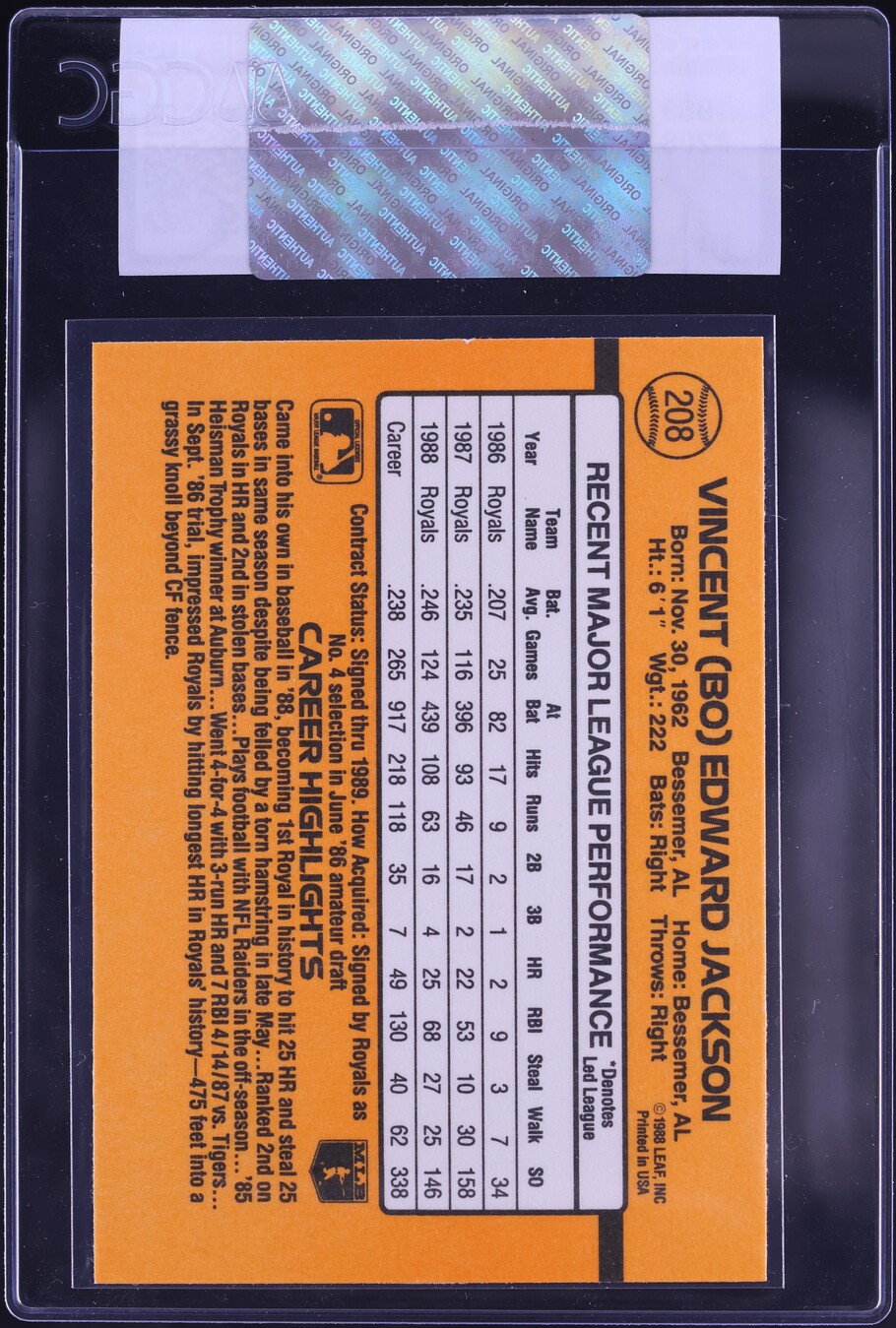 1989 Donruss Bo Jackson #208 CGC AUTH