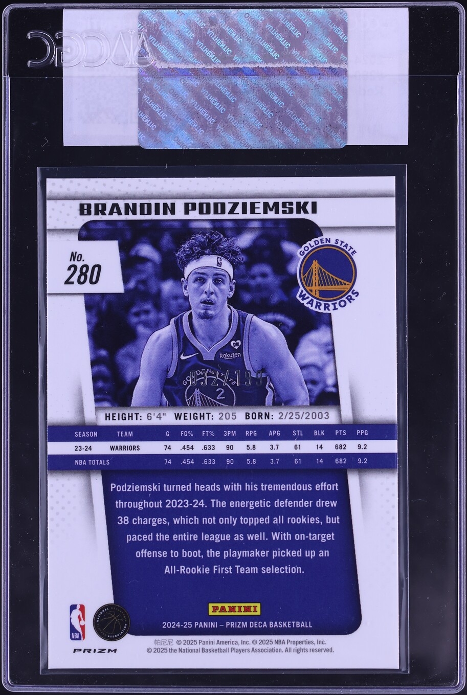 2024 Panini Prizm Deca Red Brandin Podziemski ROOKIE /199 #280 CGC AUTH