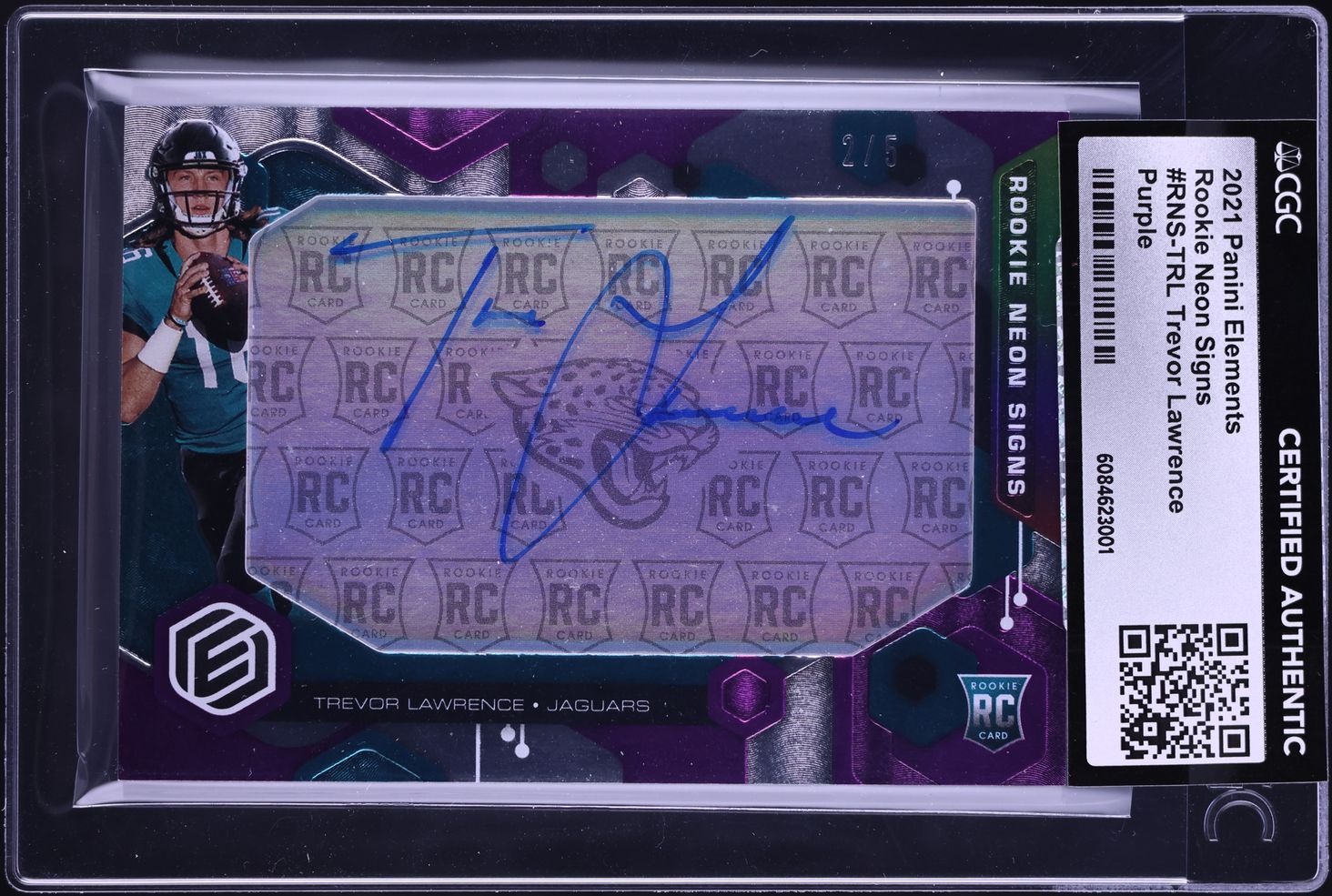 2021 Panini Elements Neon Signs Purple Trevor Lawrence ROOKIE AUTO /5 #RNS-TRL CGC AUTH