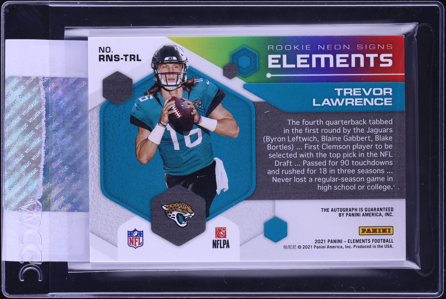2021 Panini Elements Neon Signs Purple Trevor Lawrence ROOKIE AUTO /5 #RNS-TRL CGC AUTH