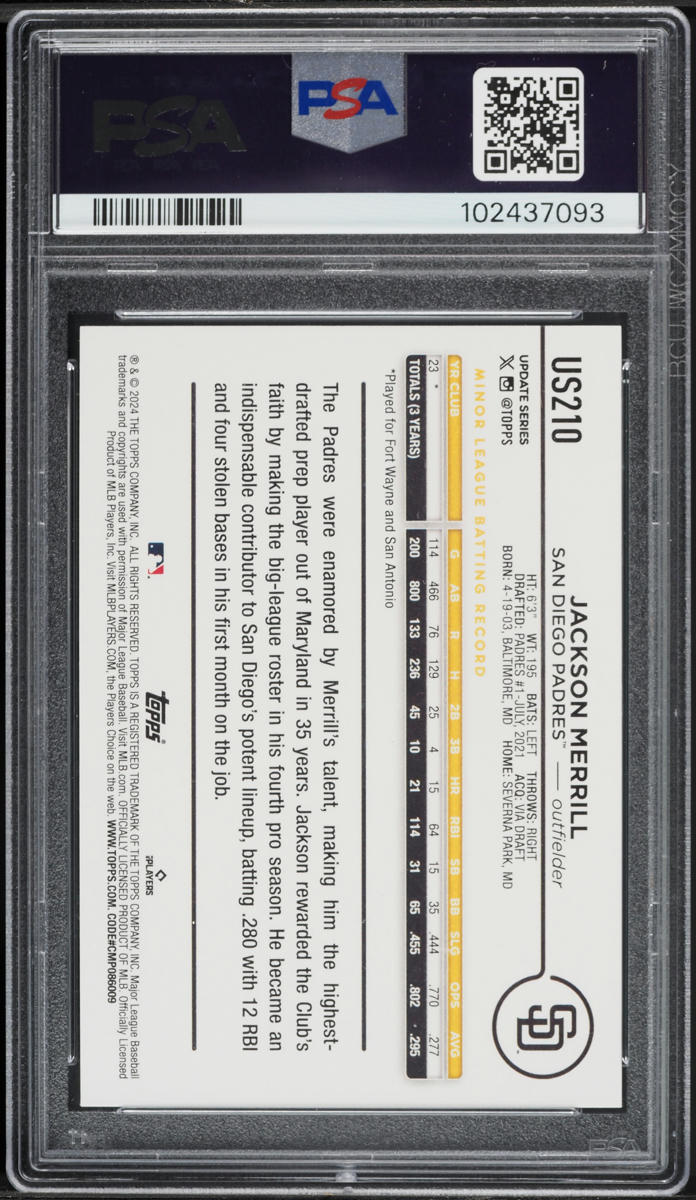 2024 Topps Update Aqua Jackson Merrill ROOKIE #US210 PSA 10 GEM MINT