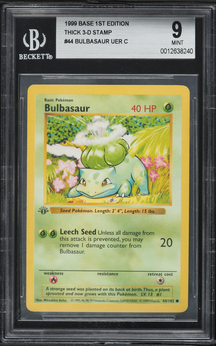 1999 Pokemon Base Set Shadowless 1st Edition Thick 3-D Stamp Bulbasaur #44 BGS 9 MINT