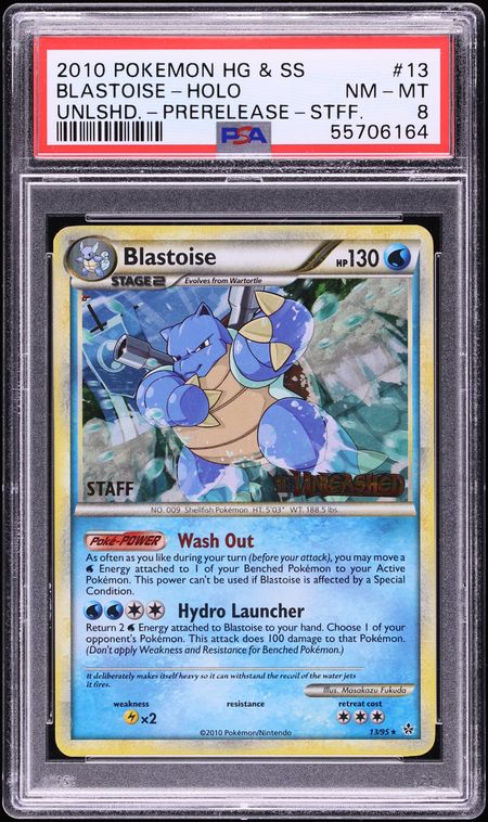 2010 Pokemon HearthGold & SoulSilver Unleashed Prerelease Staff Holo Blastoise #13 PSA 8 NM-MT