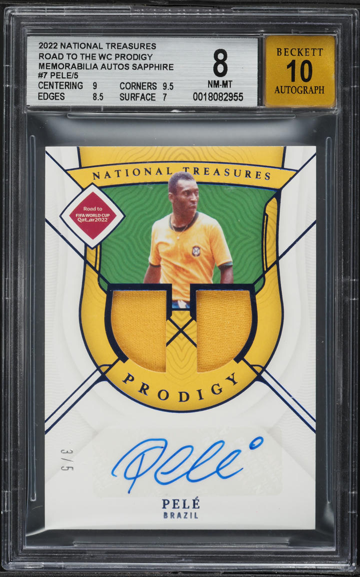 2022 National Treasures Road To The World Cup Prodigy Sapphire Pele PATCH AUTO /5 #7 BGS 8