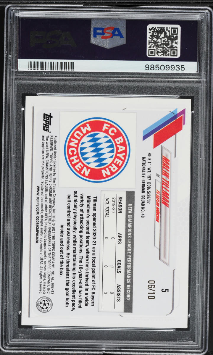 2020 Topps Chrome UEFA Champions League Red Refractors Malik Tillman ROOKIE /10 #5 PSA 8 NM-MT