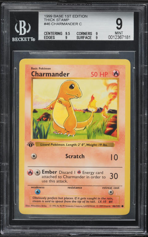 1999 Pokemon Base Set Shadowless 1st Edition Thick Stamp Charmander #46 BGS 9 MINT