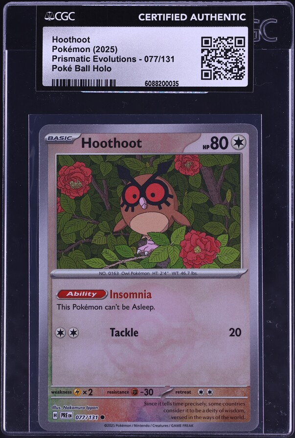 2025 Pokemon Scarlet & Violet Prismatic Evolutions Poke Ball Holo Hoothoot #77 CGC AUTH