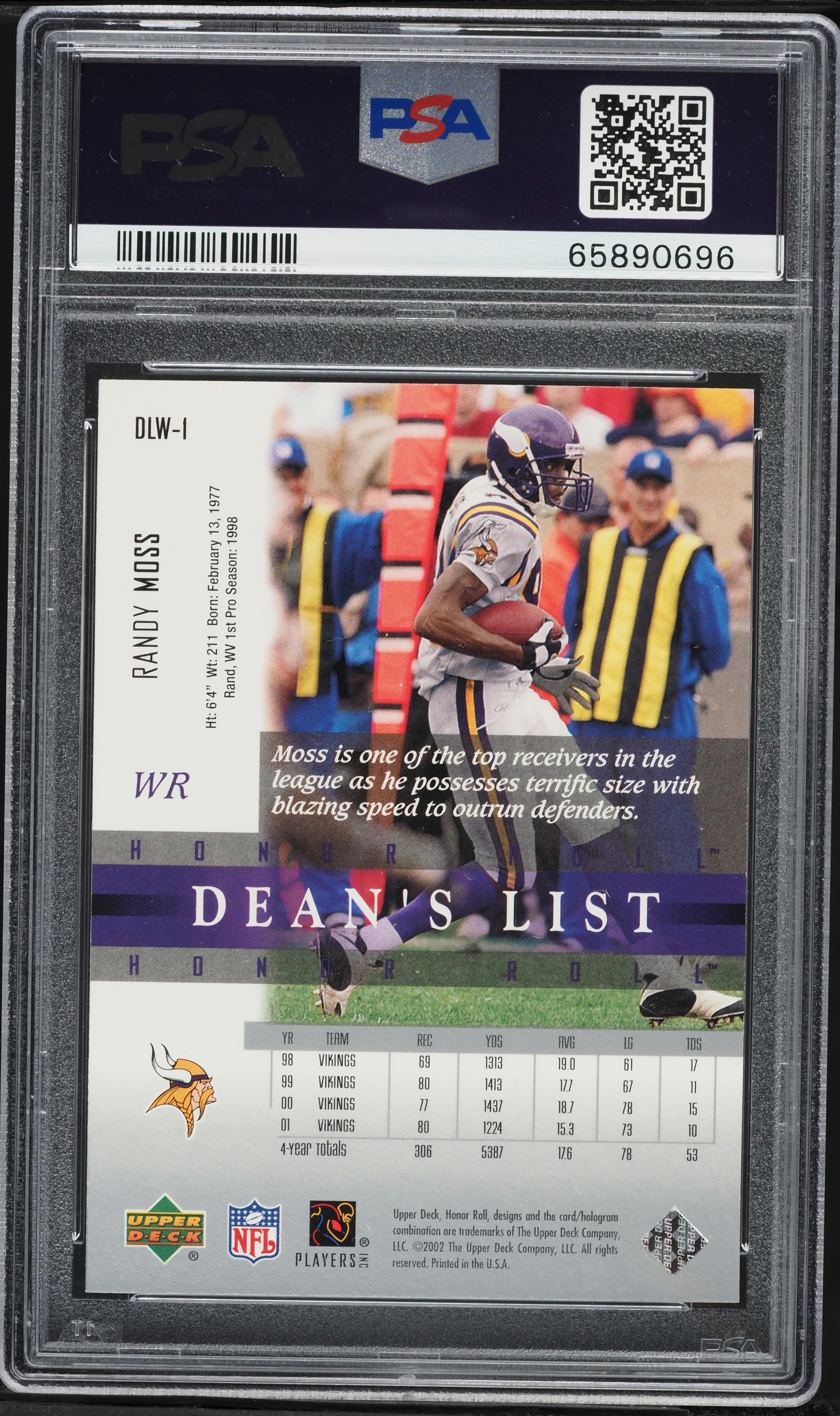 2002 Upper Deck Honor Roll Dean's List Randy Moss #DLW-1 PSA 10