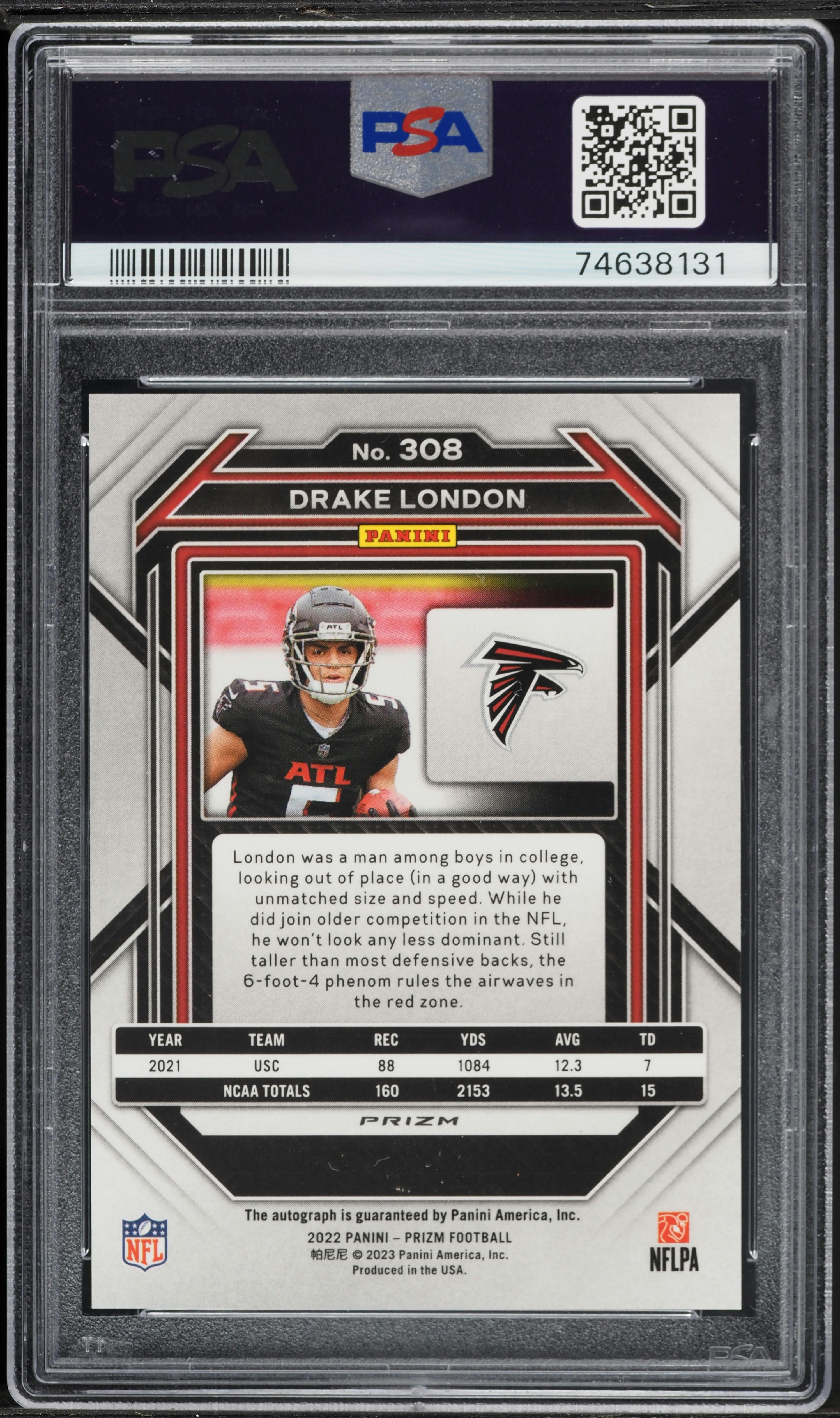 2022 Panini Prizm No Huddle Drake London ROOKIE AUTO #308 PSA 10