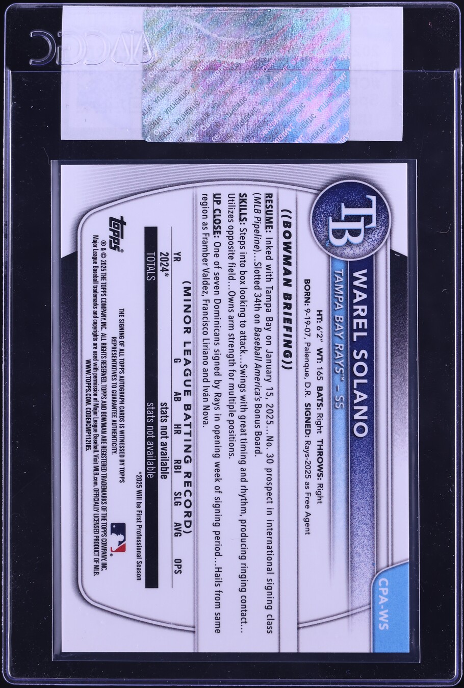 2025 Bowman Chrome Speckle Refractor Warel Solano PROSPECT AUTO /299  #CPA-WS CGC AUTH on Fanatics Collect