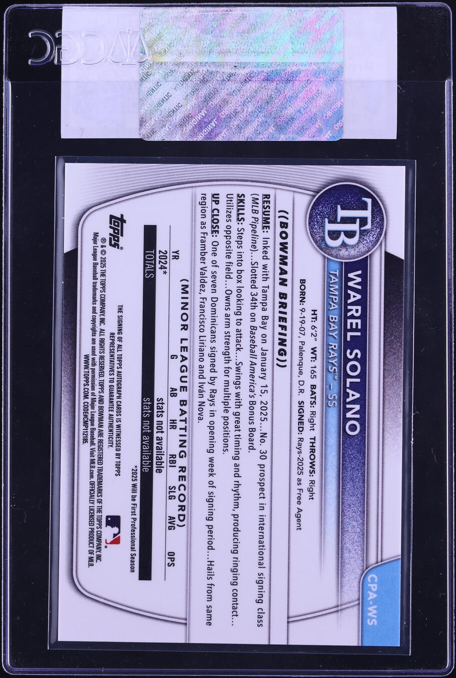 2025 Bowman Chrome Warel Solano PROSPECT AUTO #CPA-WS CGC AUTH