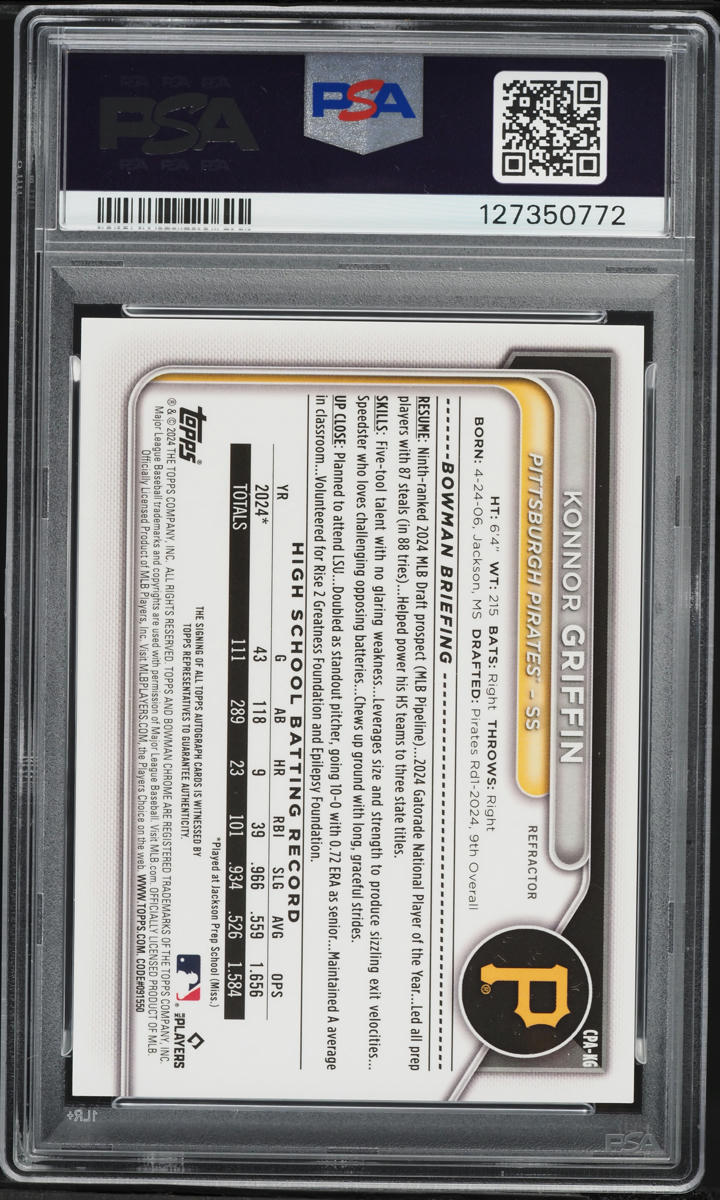 2024 Bowman Chrome Draft Refractor Konnor Griffin PROSPECT AUTO /499 PSA 10 GEM MINT