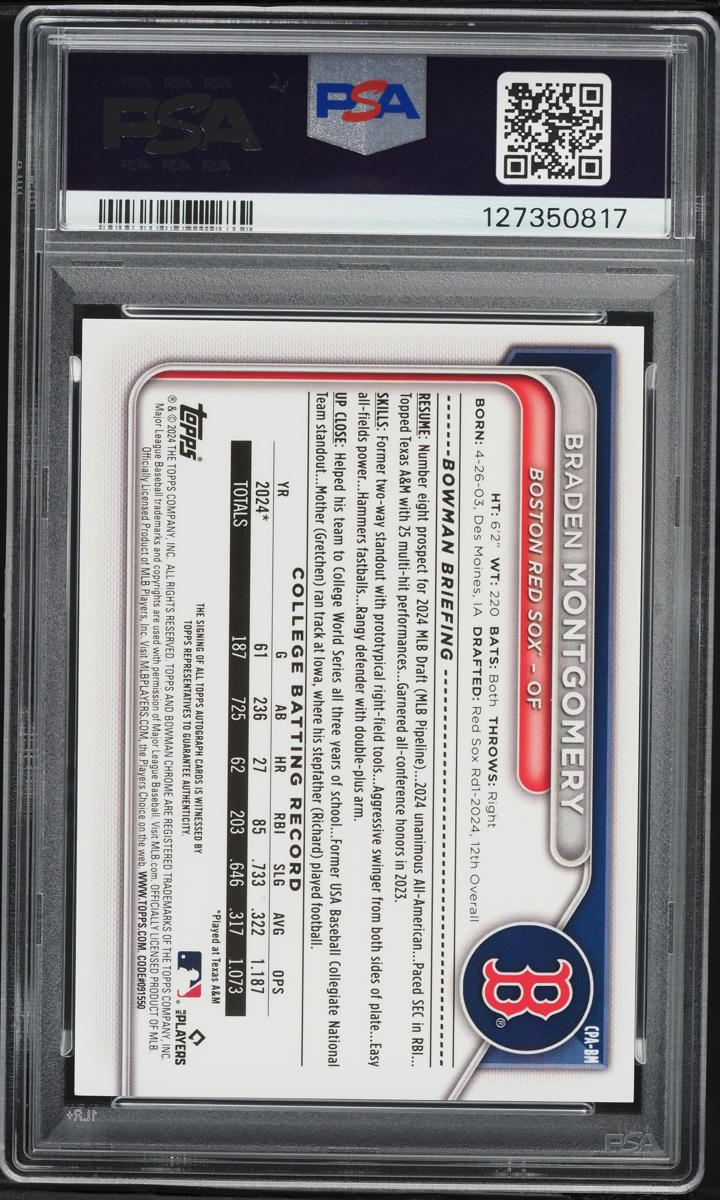 2024 Bowman Chrome HTA Choice Braden Montgomery PROSPECT AUTO /150 #CPABM PSA 9 MINT