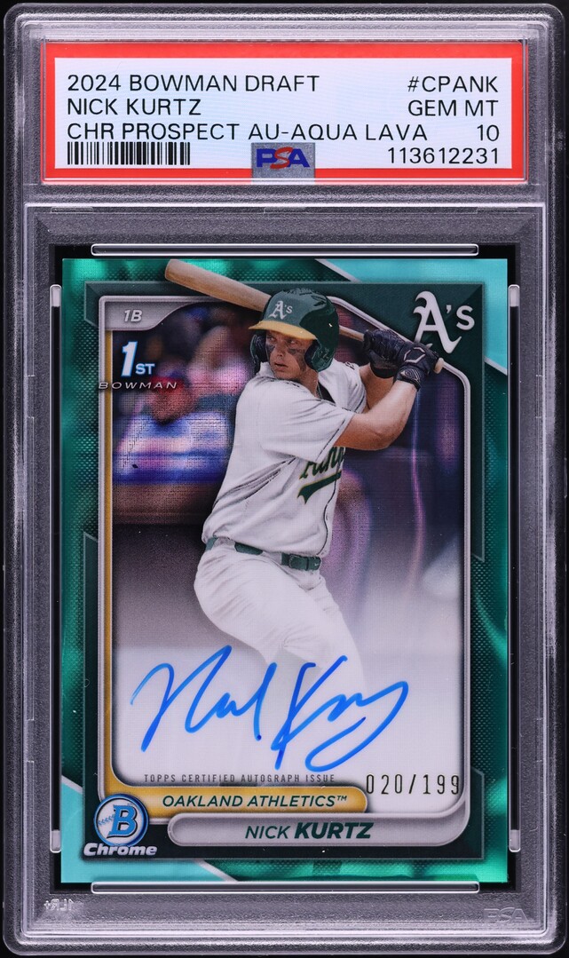 2024 Bowman Chrome Aqua Lava Nick Kurtz PROSPECT AUTO /199 #CPANK PSA 10 GEM MINT