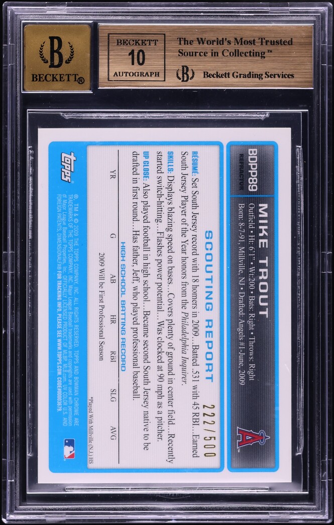 2009 Bowman Chrome Refractor Mike Trout PROSPECT AUTO /500 #BDPP689BGS 9.5 GEM MINT