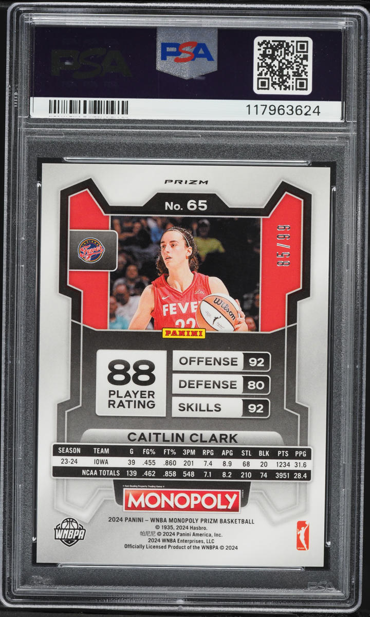 2024 Panini Prizm Monopoly WNBA Red Caitlin Clark ROOKIE /99 #65 PSA 10 GEM MINT