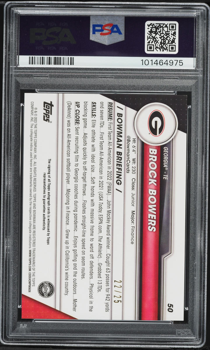 2023 Bowman Chrome University Orange Refractor Brock Bowers ROOKIE AUTO /25 PSA 10 GEM MINT