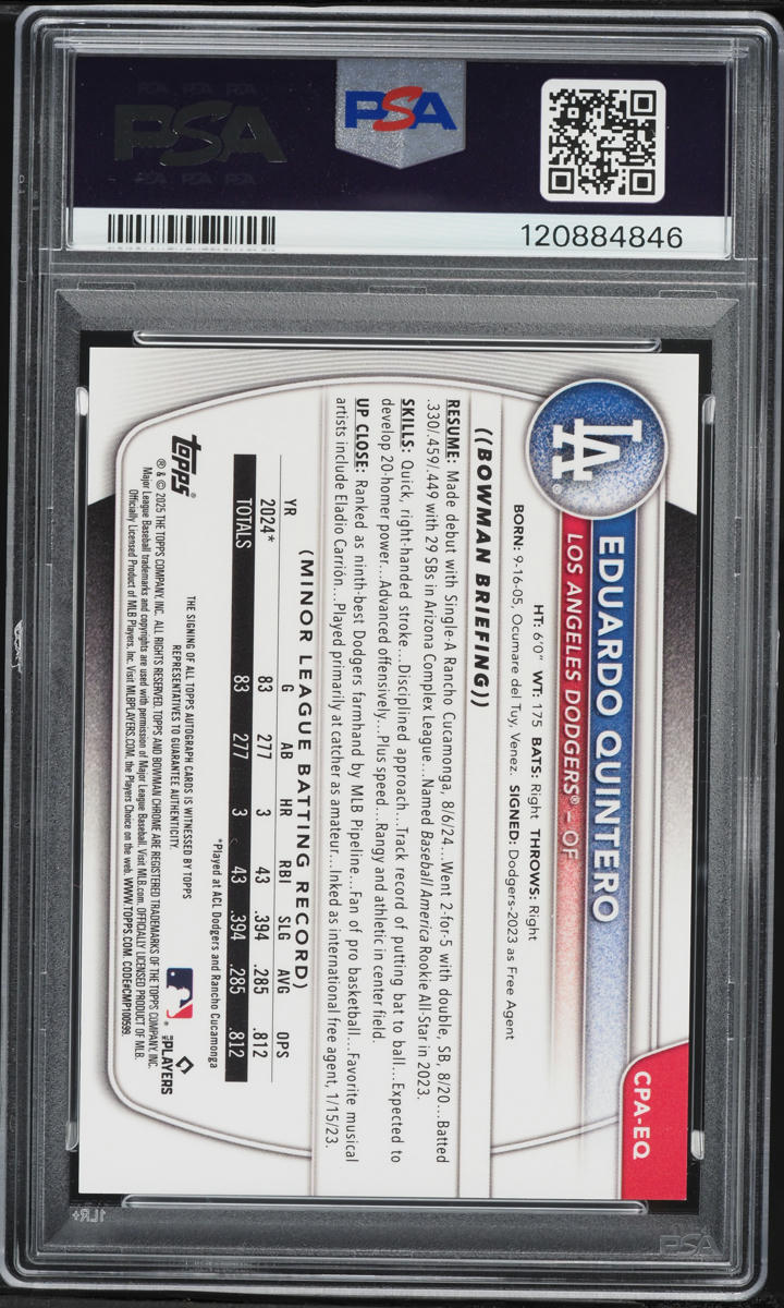 2025 Bowman Chrome Yellow Refractor Eduardo Quintero PROSPECT AUTO /75 #CPA-EQ PSA 10 GEM MINT