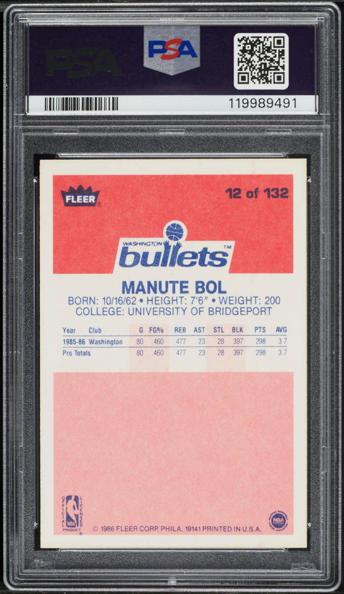 1986 Fleer Basketball Manute Bol ROOKIE #12 PSA 8 NM-MT