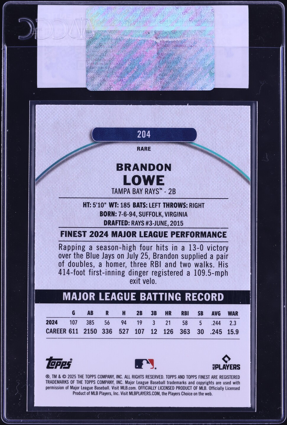 2025 Finest Magenta Refractor Brandon Lowe /200 #204 CGC AUTH