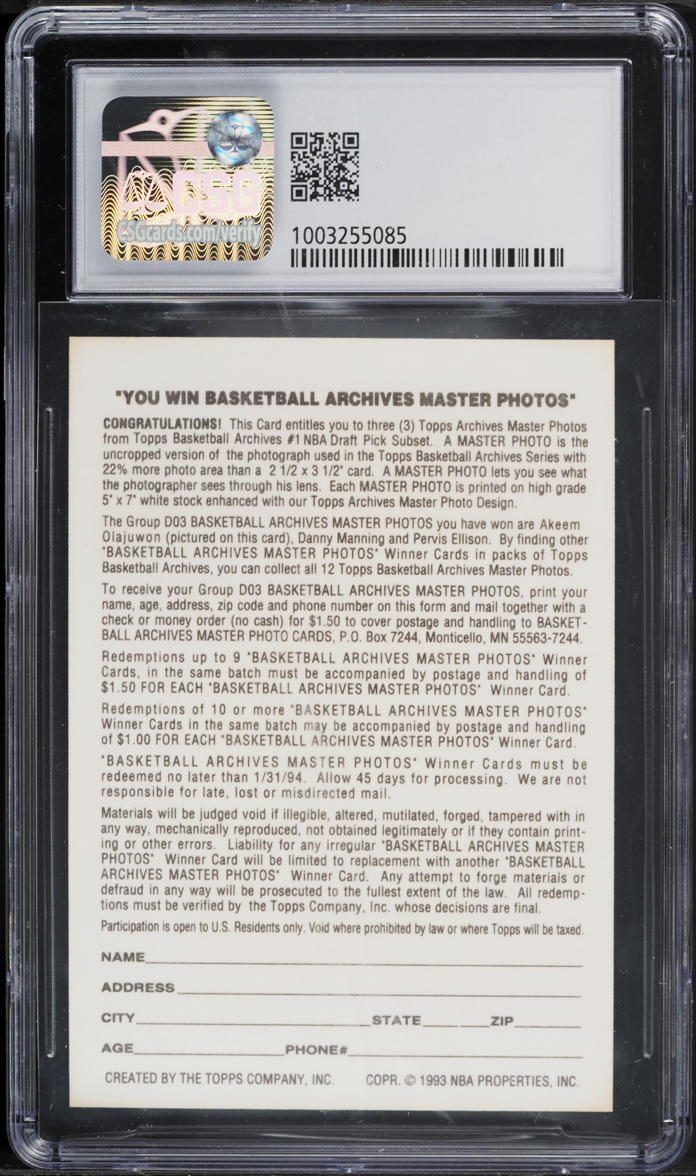 1992 Topps Archives Master Photo Redemption Hakeem Olajuwon #1984 CSG 9 MINT