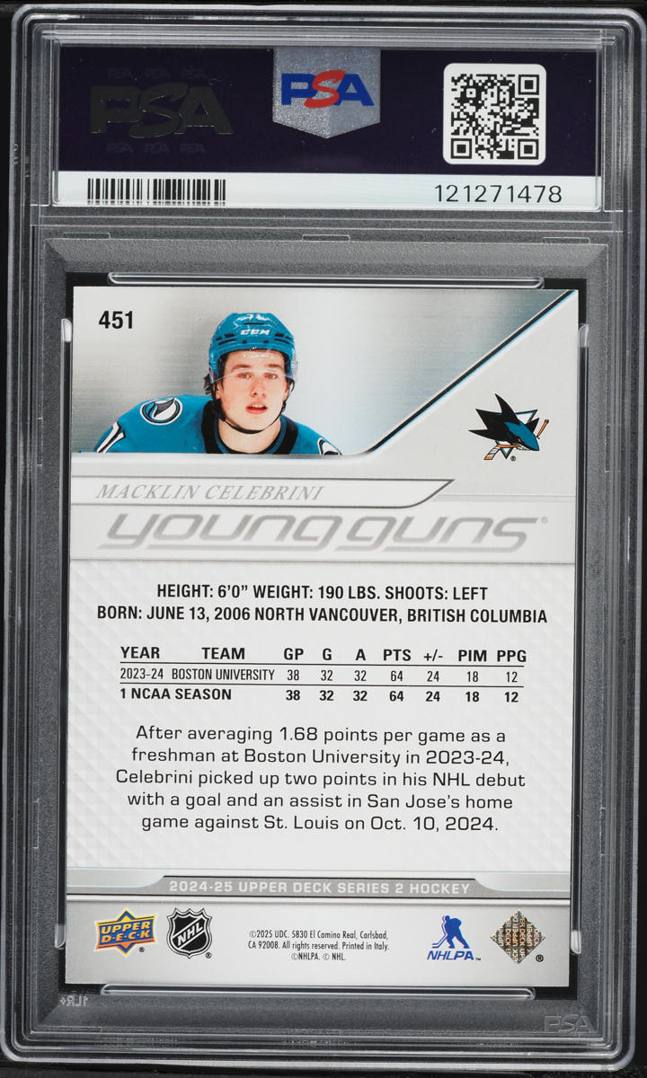 2024 Upper Deck Young Guns Macklin Celebrini ROOKIE #451 PSA 10 GEM MINT
