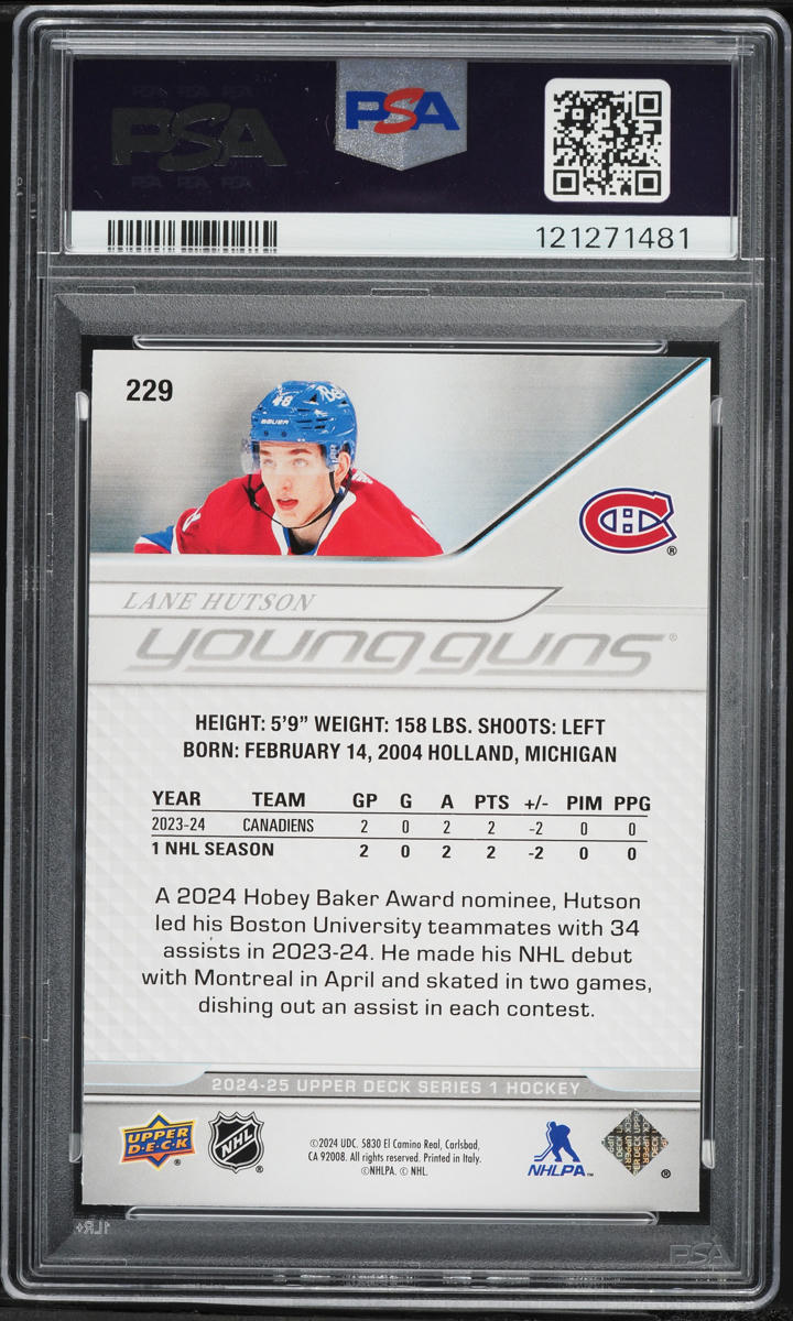 2024 Upper Deck Young Guns Lane Hutson ROOKIE #229 PSA 10 GEM MINT
