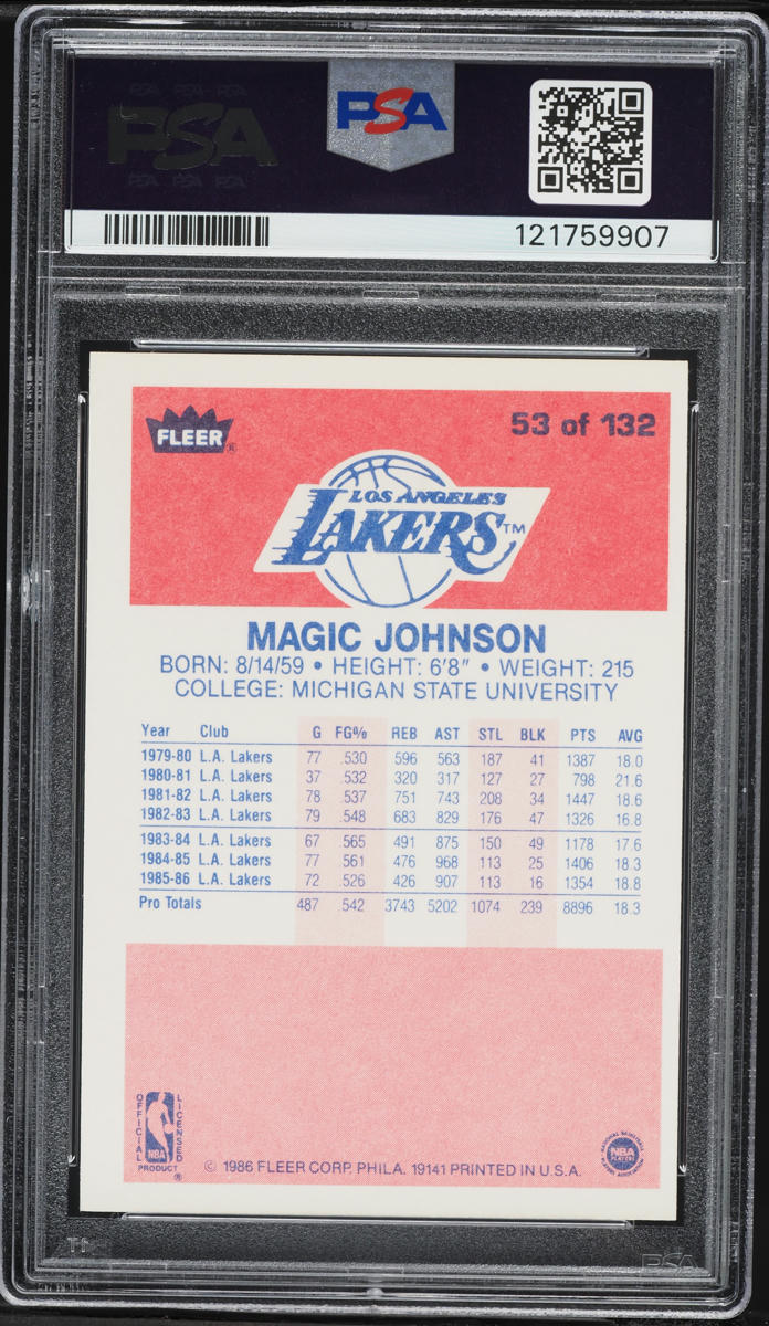 1986 Fleer Basketball Magic Johnson #53 PSA 7 NRMT