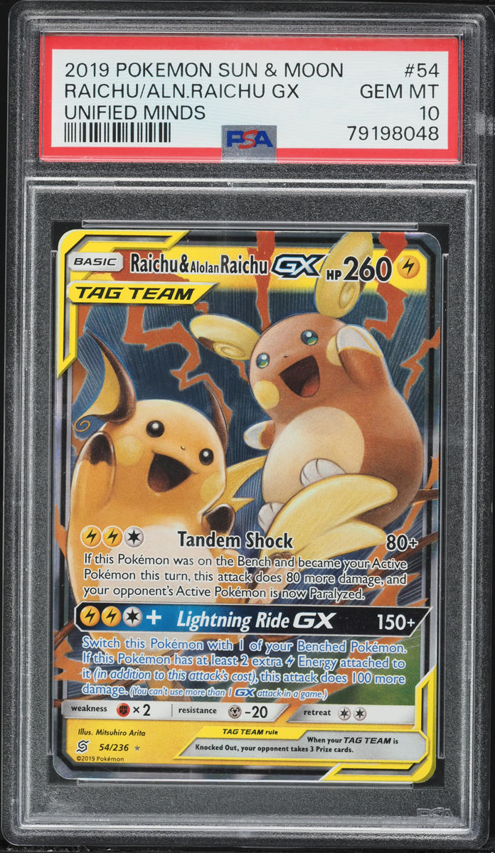 2019 Pokemon Sun & Moon Unified Minds Raichu & Alolan Raichu GX #54 PSA 10 GEM MINT