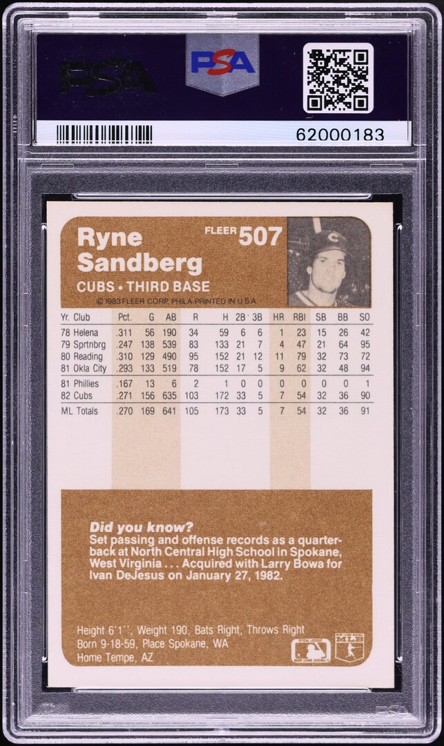 1983 Fleer Ryne Sandberg ROOKIE #507 PSA 9 MINT
