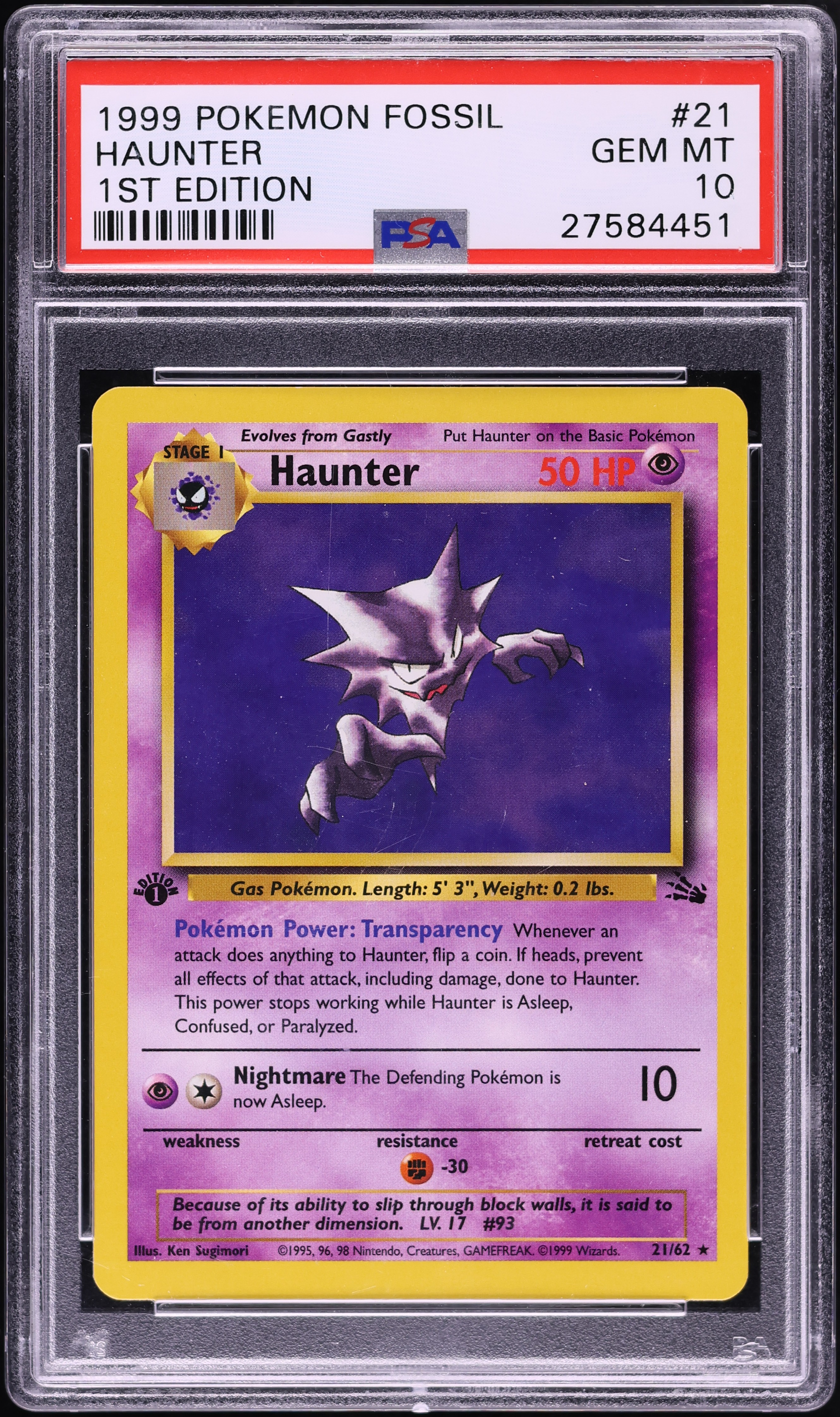 1999 Pokemon Fossil 1st Edition Haunter #21 PSA 10 GEM MINT on