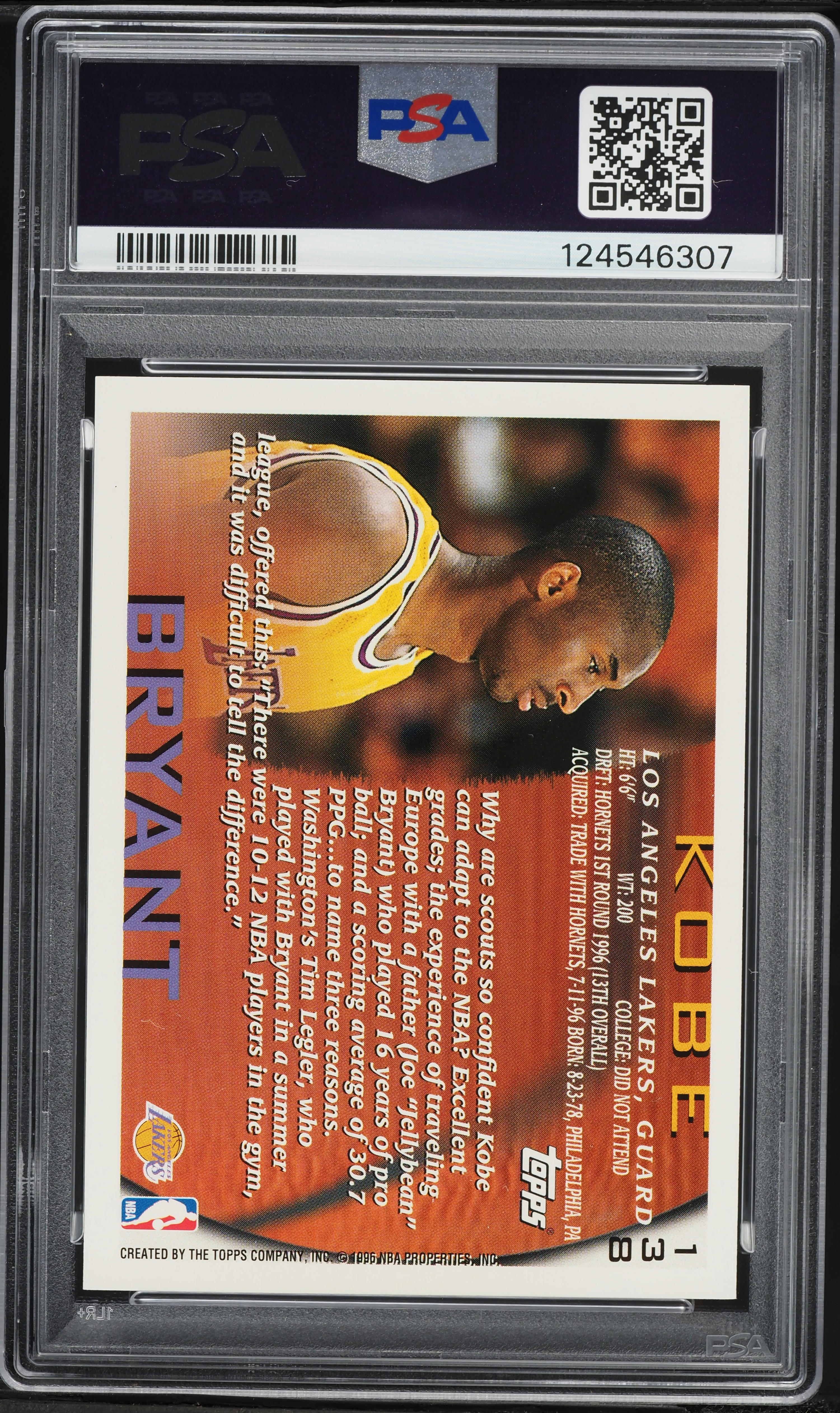 1996 Topps Basketball Kobe Bryant ROOKIE #138 PSA 9 MINT on