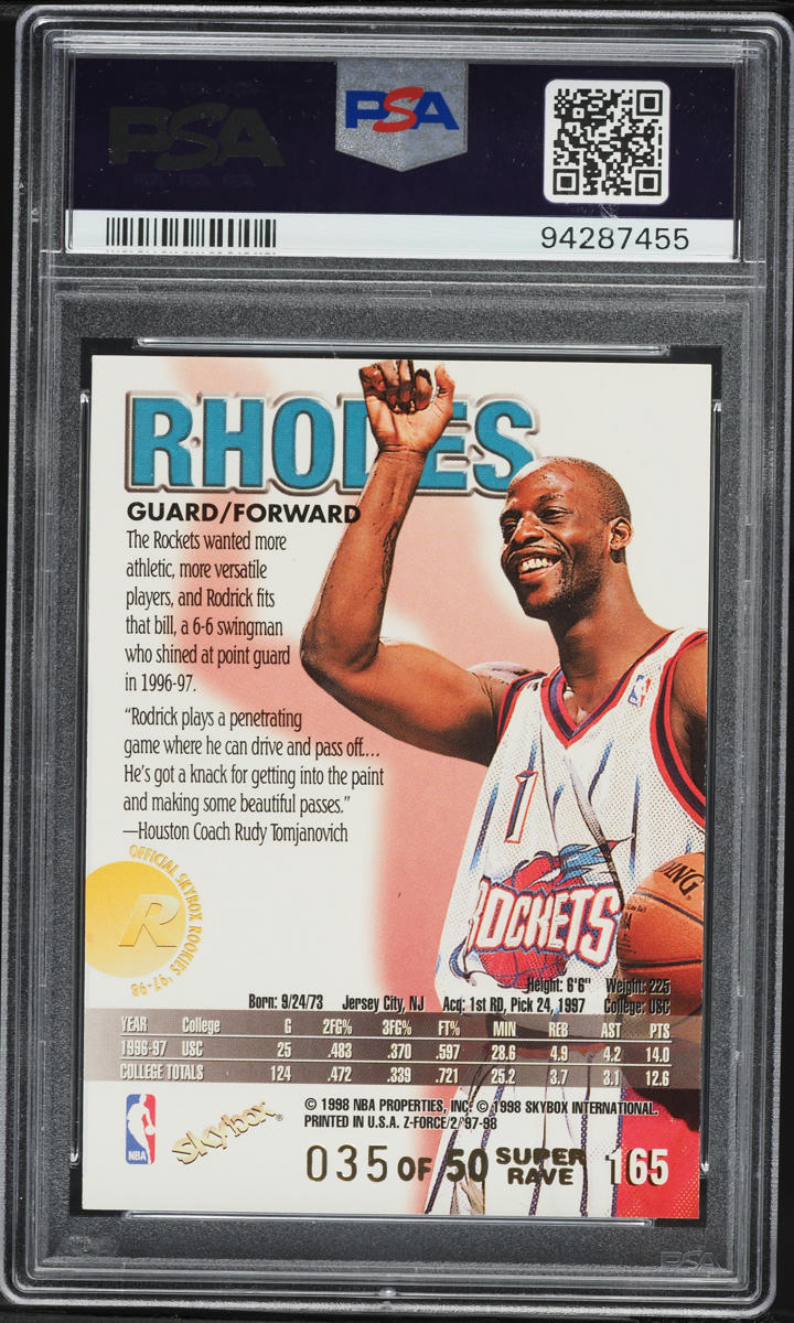 1997 Skybox Z-Force Super Rave Rodrick Rhodes ROOKIE /50 #165 PSA 9 MINT