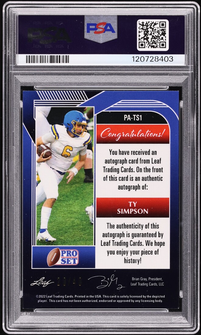 2022 Leaf Pro Set Silver Wave Ty Simpson AUTO /40 #PA-TS1 PSA 9