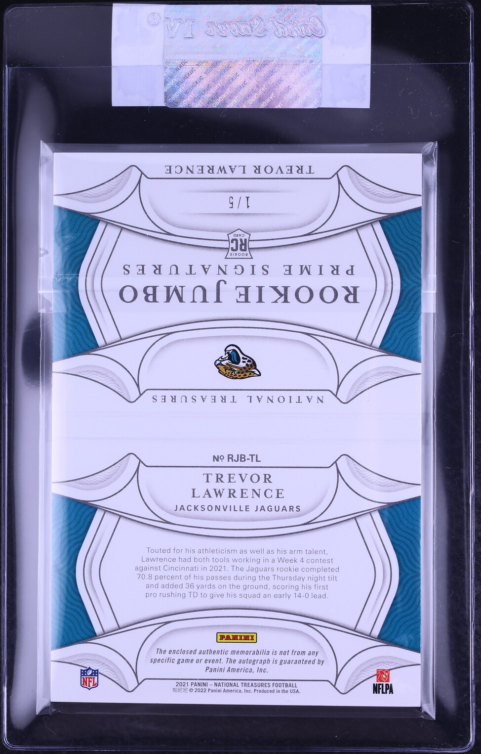2021 National Treasures Prime Booklet Trevor Lawrence ROOKIE PATCH AUTO 1/5 #RJB-TL CGC AUTH