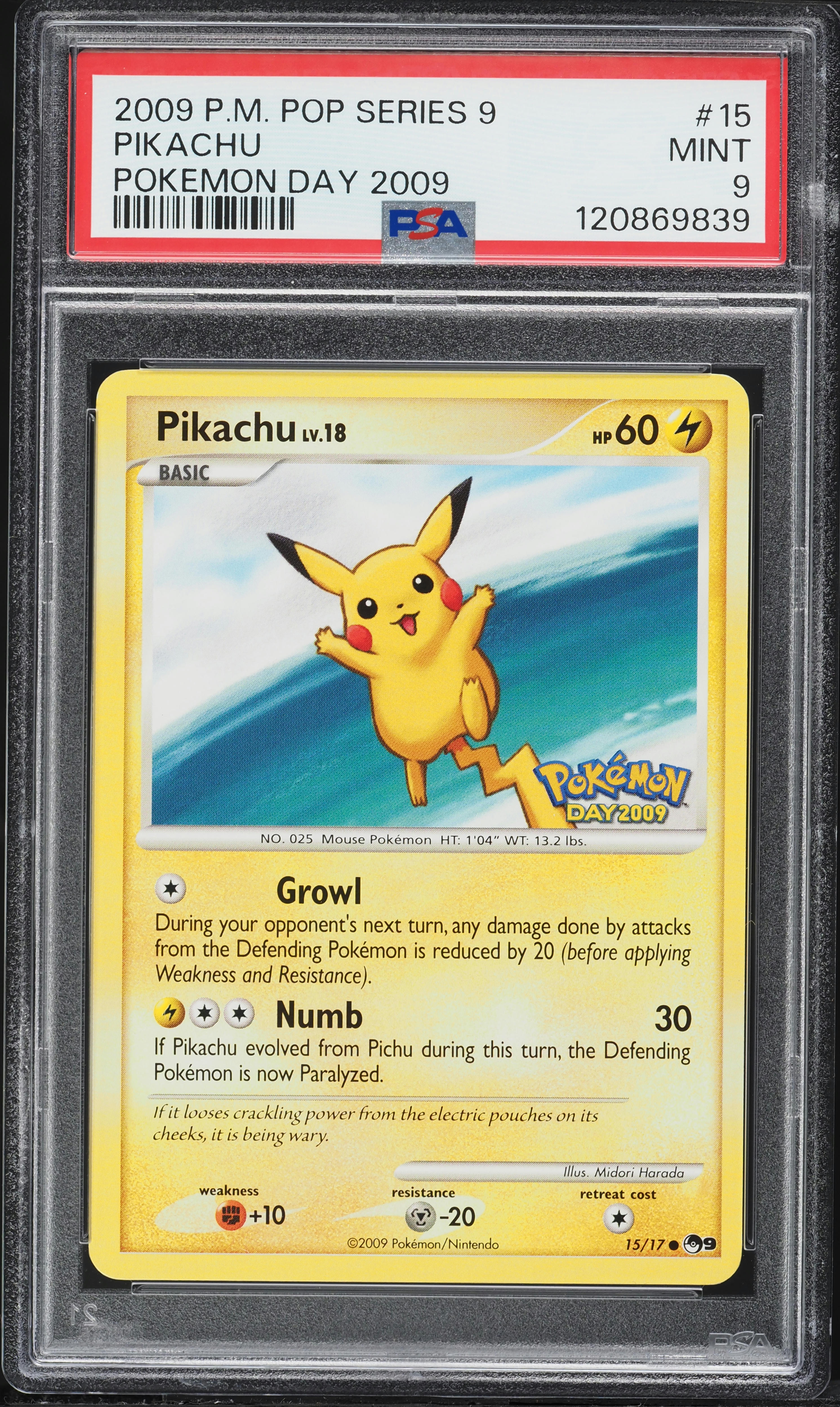 2009 Pokemon POP Series 9 Pokemon Day '09 Pikachu #15 PSA 9 MINT